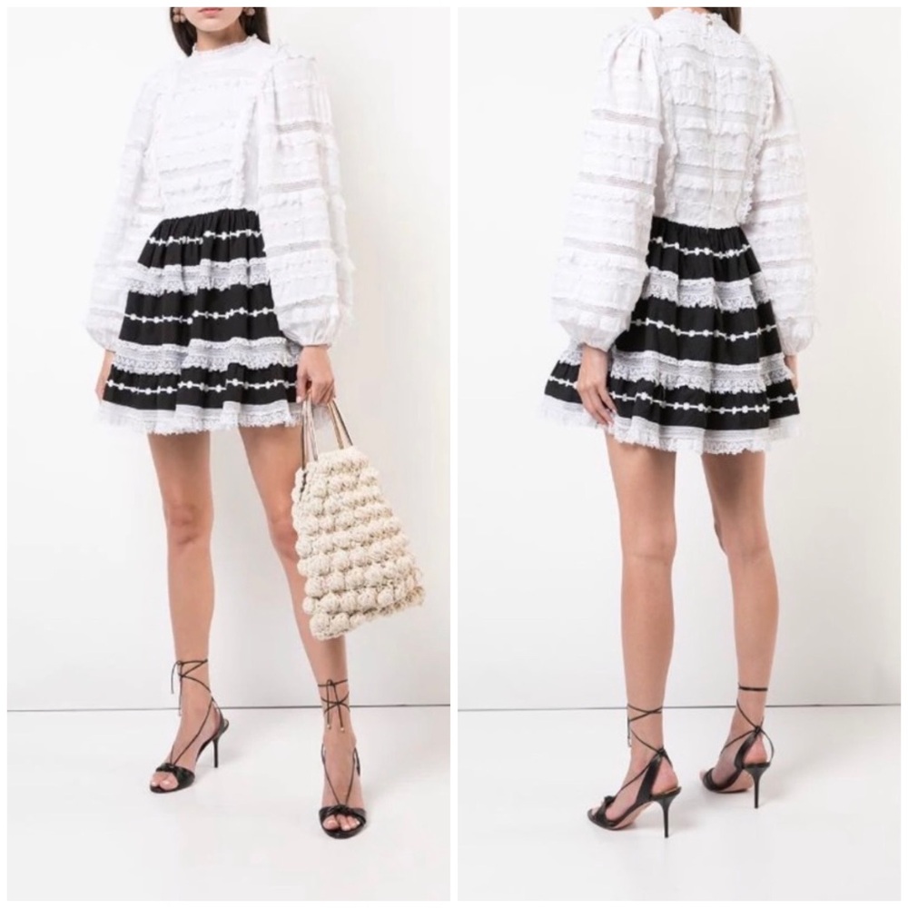 $695 Ulla Johnson Amour Black/White Applique Lace Puff Sleeve Mini Dress size 0